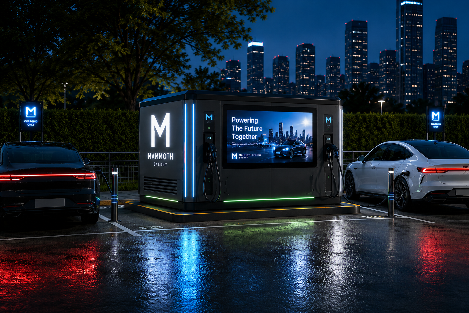 Mammoth Energy ultra-fast charger with EVs at night, city skyline backdrop
